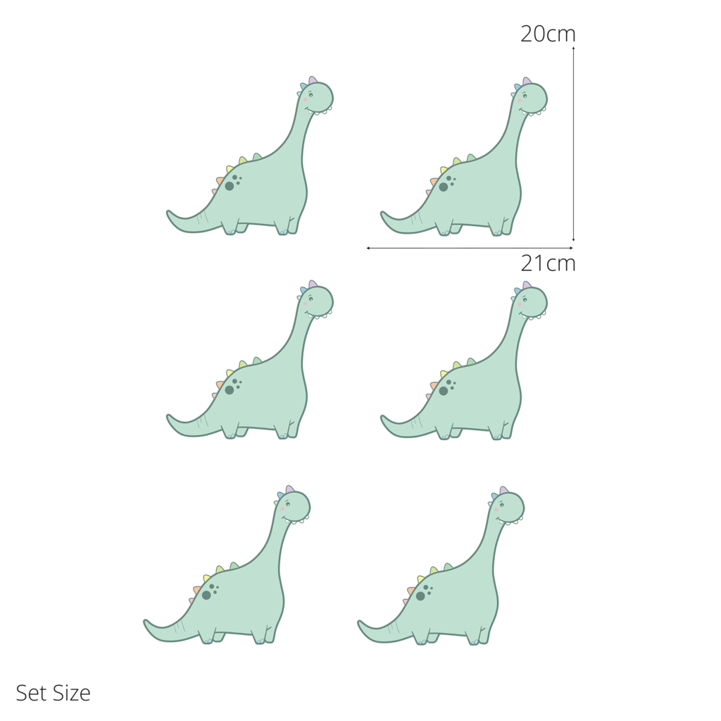 Dottie the Diplodocus wall sticker size guide – set size dimensions for kids’ bedroom walls