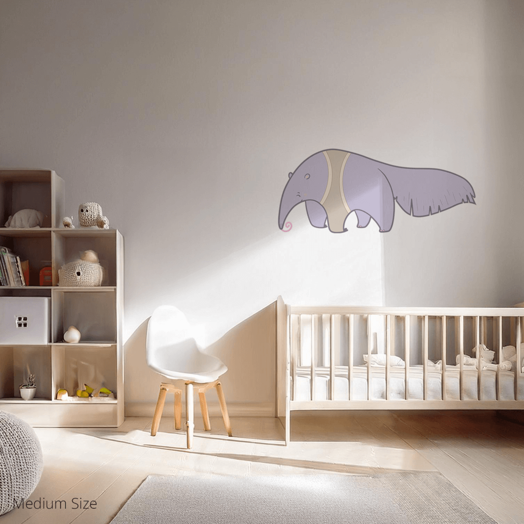 Anita the Anteater wall sticker applied on a child’s bedroom wall – medium size, showing placement in kids’ room