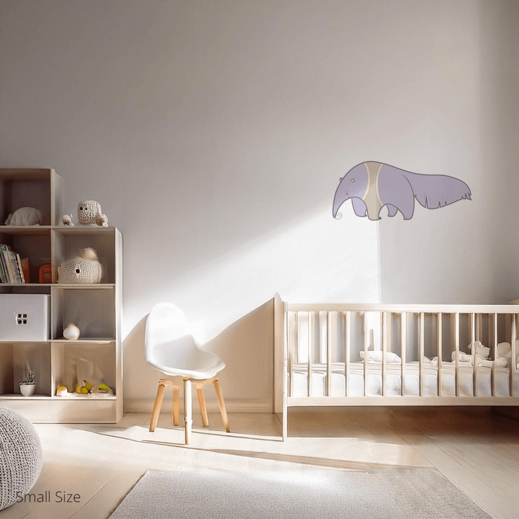 Anita the Anteater wall sticker applied on a child’s bedroom wall – small size, showing placement in kids’ room