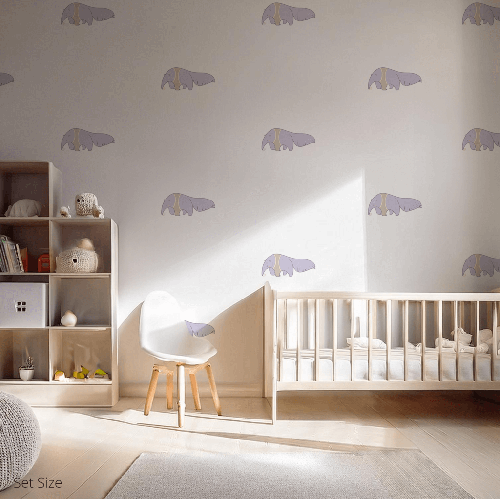 Anita the Anteater wall sticker applied on a child’s bedroom wall – set size, showing placement in kids’ room