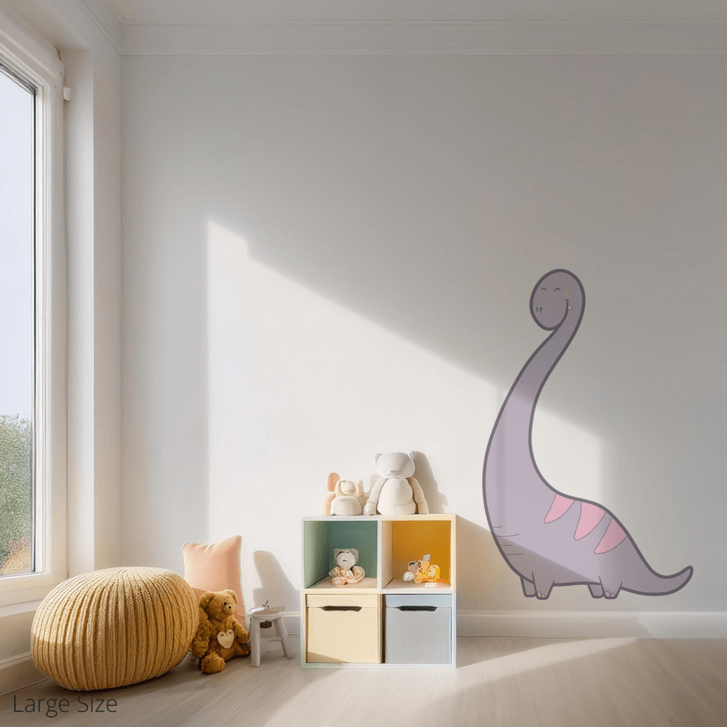 Bernie the Brachiosaurus wall sticker applied on a child’s bedroom wall – large size, showing placement in kids’ room