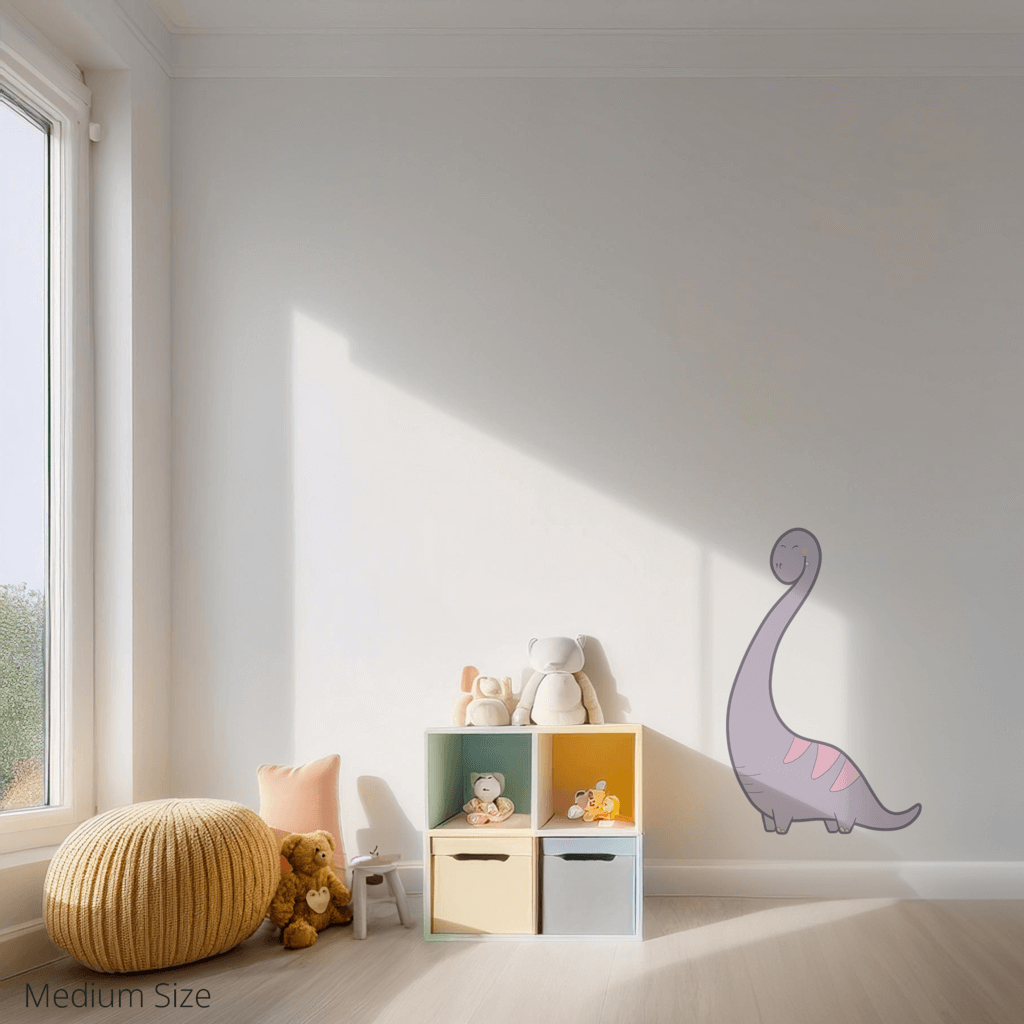 Bernie the Brachiosaurus wall sticker applied on a child’s bedroom wall – medium size, showing placement in kids’ room
