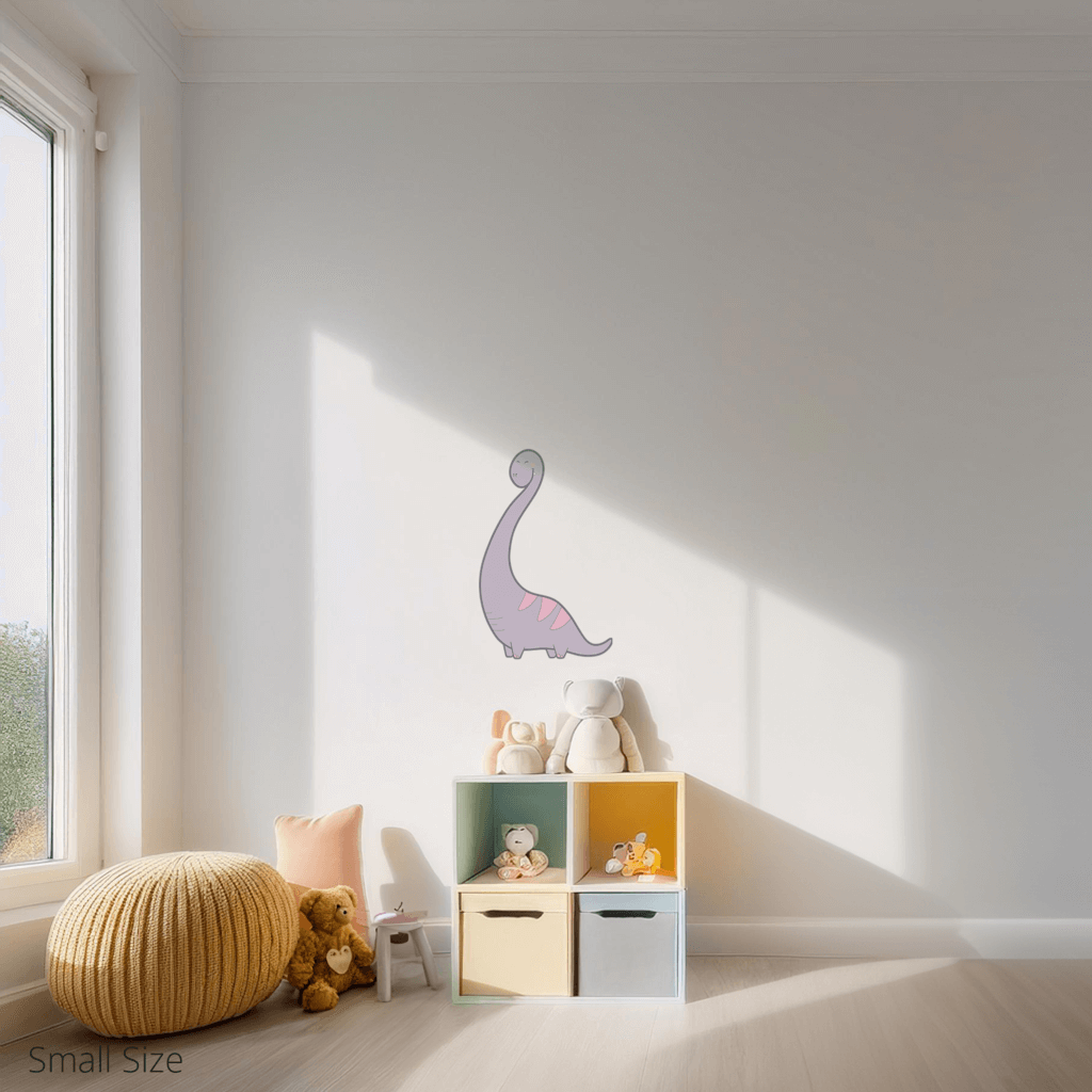 Bernie the Brachiosaurus wall sticker applied on a child’s bedroom wall – small size, showing placement in kids’ room