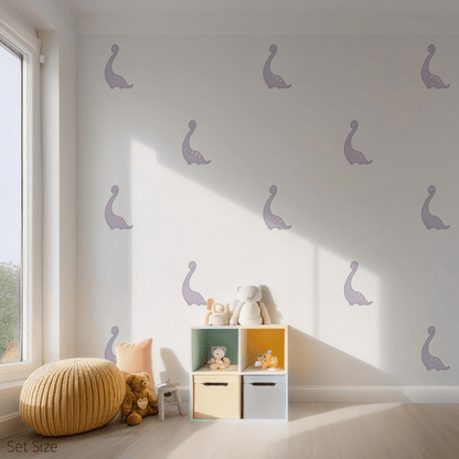 Bernie the Brachiosaurus wall sticker applied on a child’s bedroom wall – set size, showing placement in kids’ room