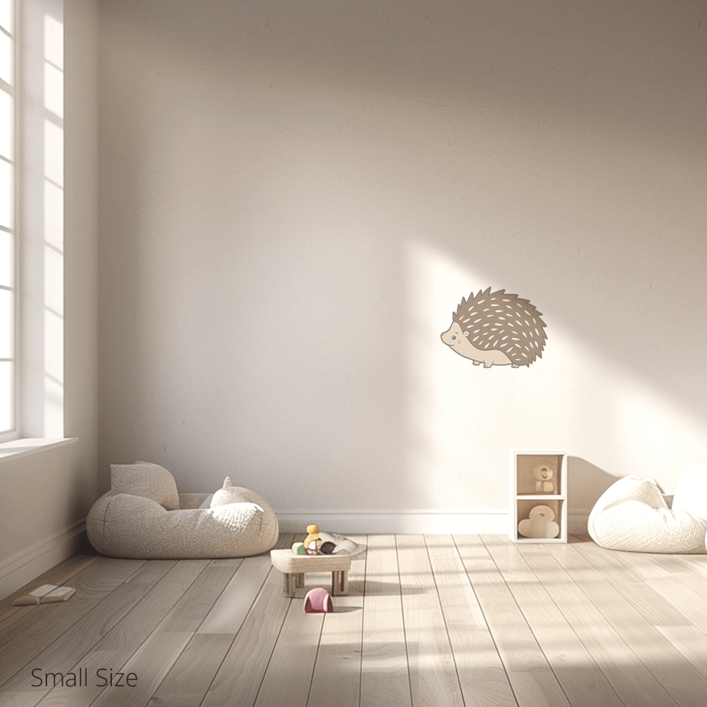 Harry the Hedgehog wall sticker applied on a child’s bedroom wall – small size, showing placement in kids’ room
