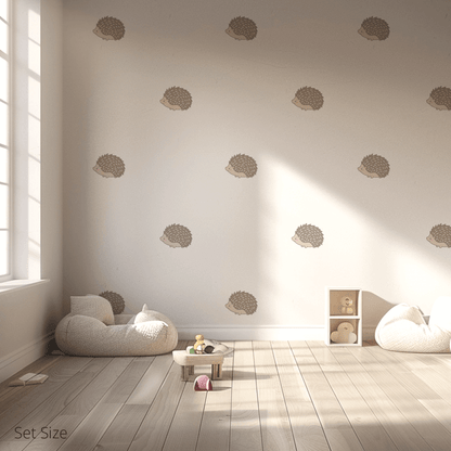 Harry the Hedgehog wall sticker applied on a child’s bedroom wall – set size, showing placement in kids’ room
