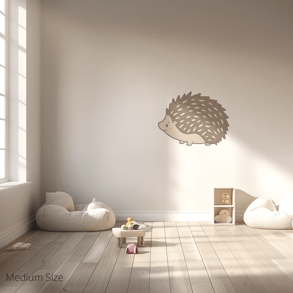 Harry the Hedgehog wall sticker applied on a child’s bedroom wall – medium size, showing placement in kids’ room
