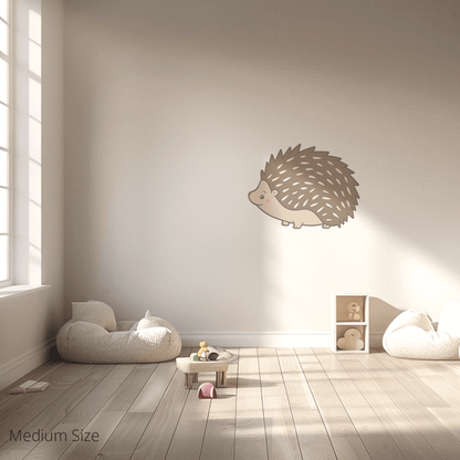 Harry the Hedgehog wall sticker applied on a child’s bedroom wall – medium size, showing placement in kids’ room
