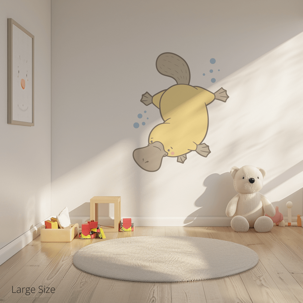 Patrick the Platypus wall sticker applied on a child’s bedroom wall – large size, showing placement in kids’ room