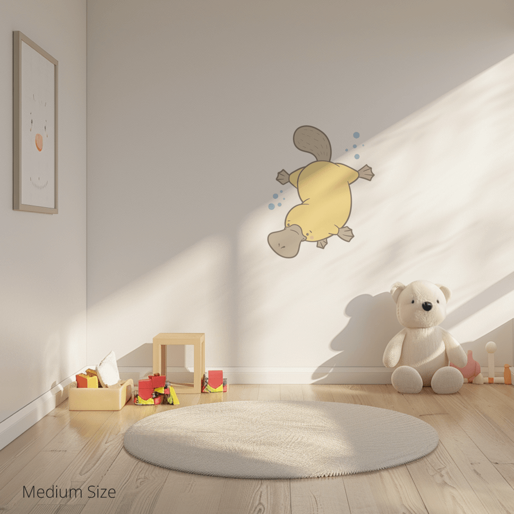 Patrick the Platypus wall sticker applied on a child’s bedroom wall – medium size, showing placement in kids’ room