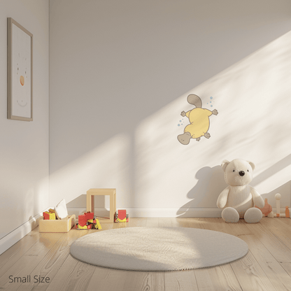 Patrick the Platypus wall sticker applied on a child’s bedroom wall – small size, showing placement in kids’ room