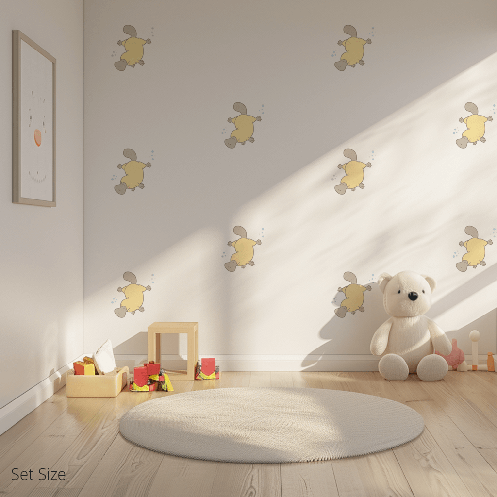 Patrick the Platypus wall sticker applied on a child’s bedroom wall – set size, showing placement in kids’ room
