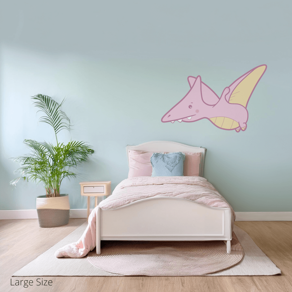 Petra the Pterodactyl wall sticker applied on a child’s bedroom wall – large size, showing placement in kids’ room