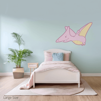 Petra the Pterodactyl wall sticker applied on a child’s bedroom wall – large size, showing placement in kids’ room