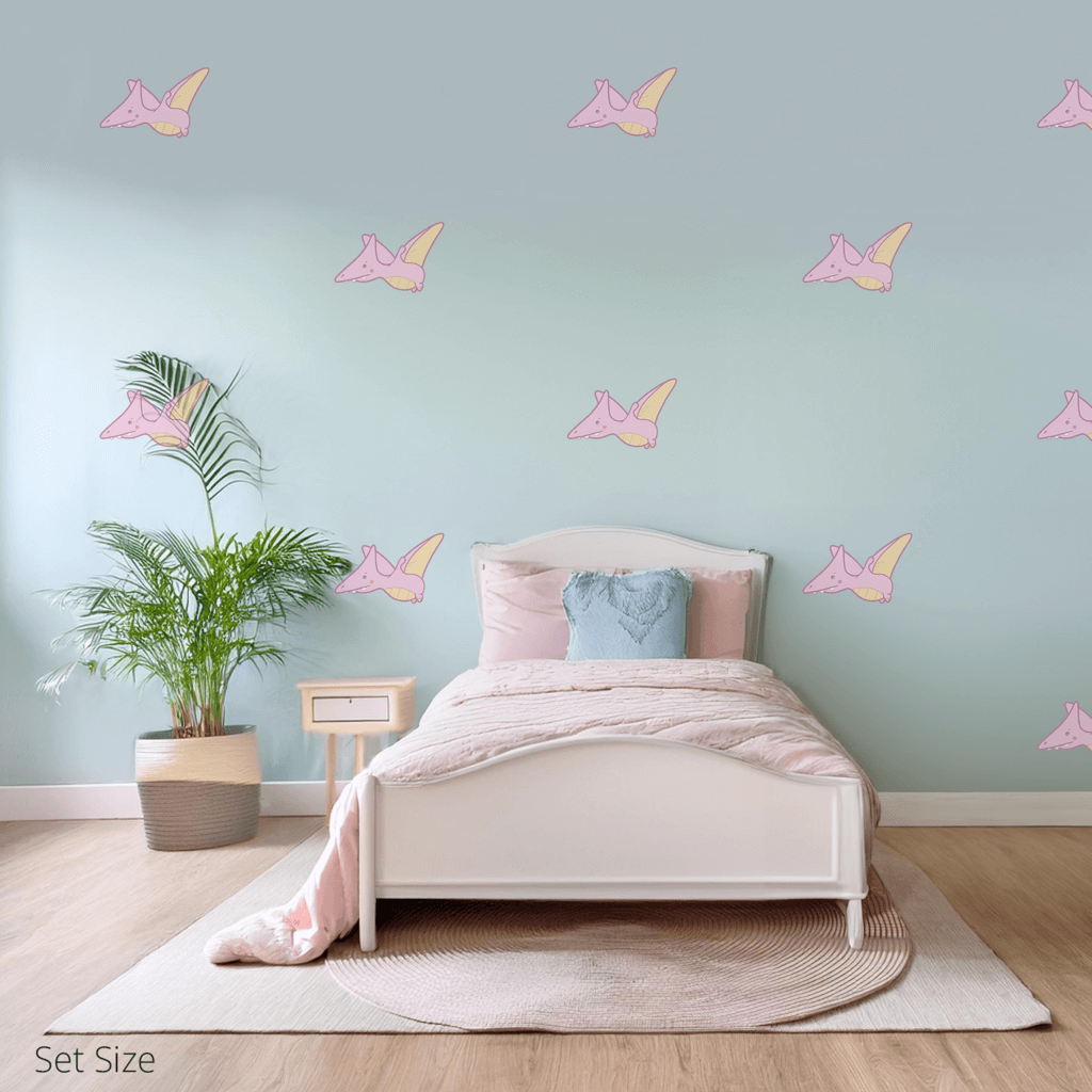 Petra the Pterodactyl wall sticker applied on a child’s bedroom wall – set size, showing placement in kids’ room