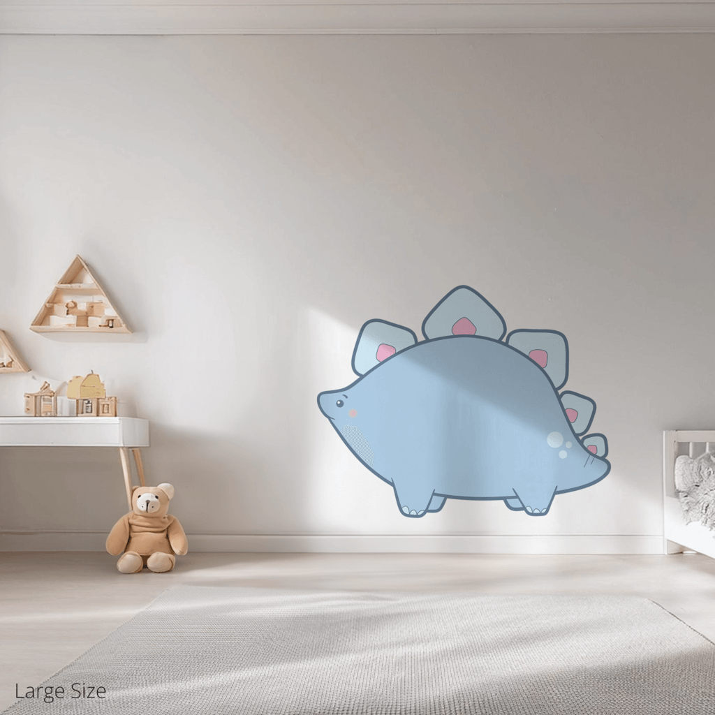 Shelby the Stegasaurus wall sticker applied on a child’s bedroom wall – large size, showing placement in kids’ room