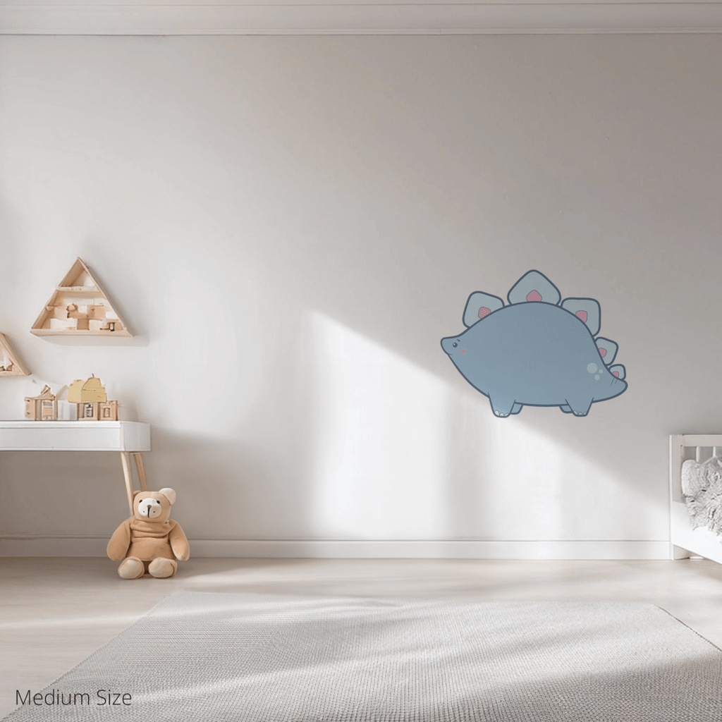 Shelby the Stegasaurus wall sticker applied on a child’s bedroom wall – medium size, showing placement in kids’ room