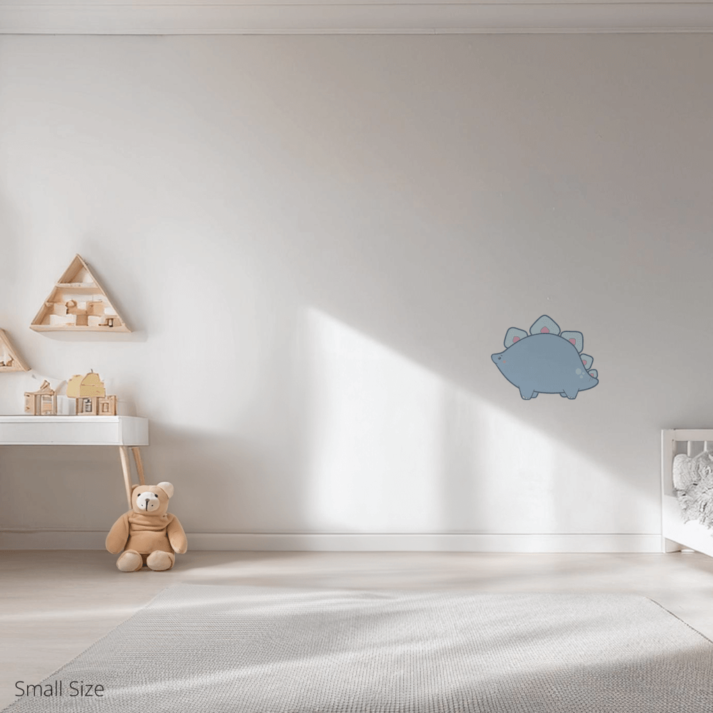 Shelby the Stegasaurus wall sticker applied on a child’s bedroom wall – small size, showing placement in kids’ room