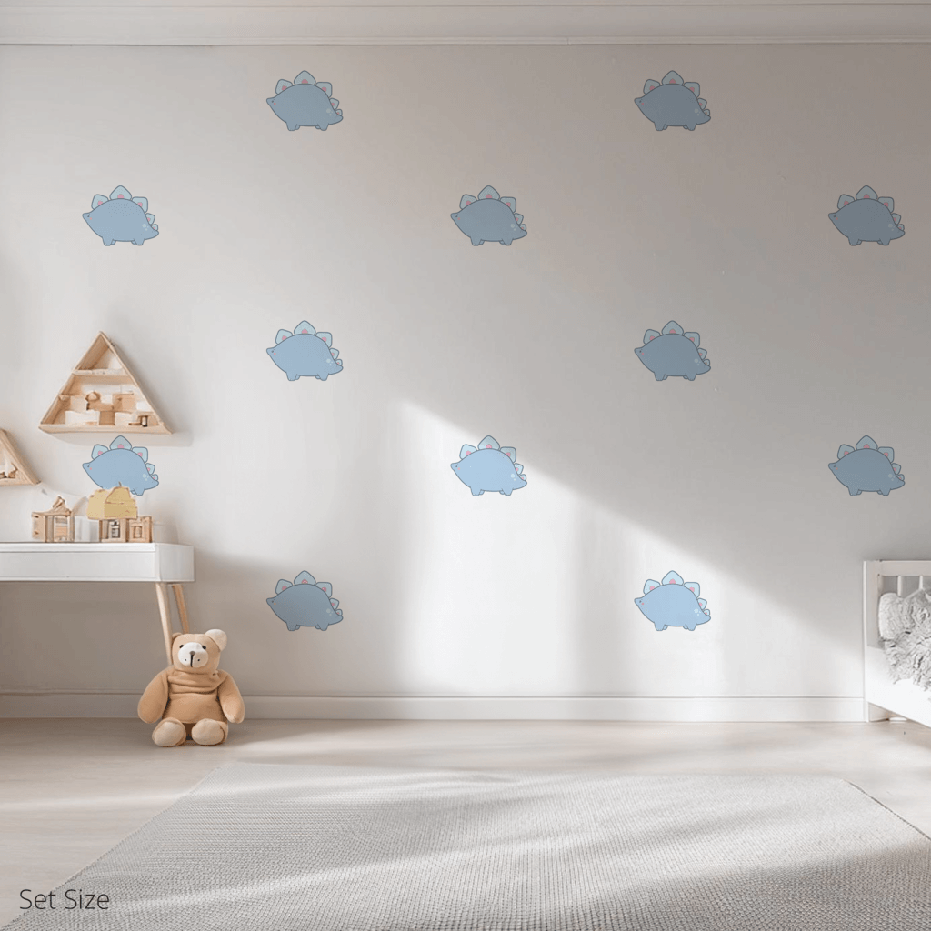 Shelby the Stegasaurus wall sticker applied on a child’s bedroom wall – set size, showing placement in kids’ room