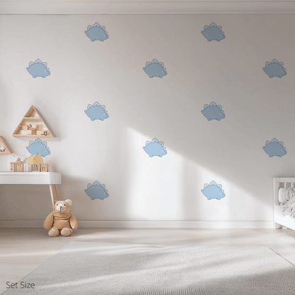 Shelby the Stegasaurus wall sticker applied on a child’s bedroom wall – set size, showing placement in kids’ room