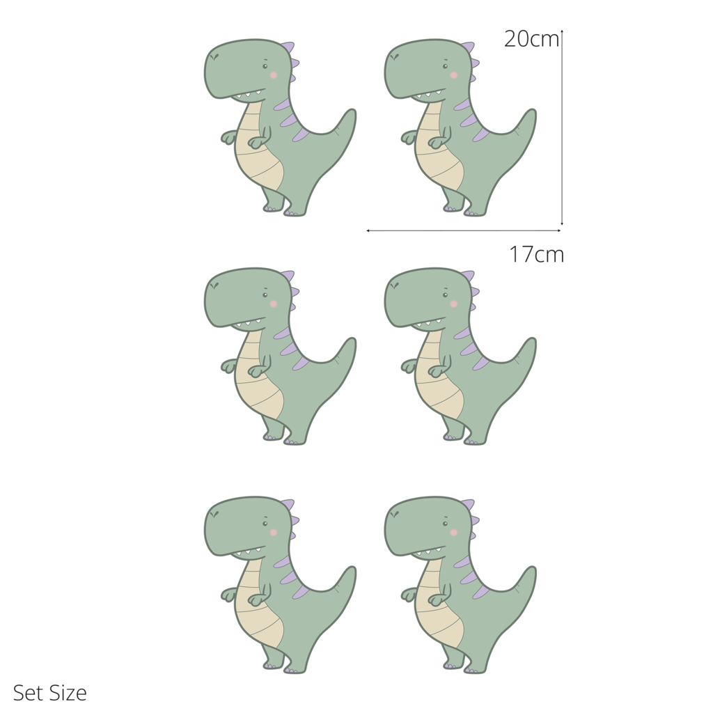Travis the T-rex wall sticker size guide – set size dimensions for kids’ bedroom walls