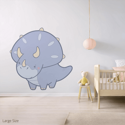 Tracy the Triceratops wall sticker applied on a child’s bedroom wall – large size, showing placement in kids’ room