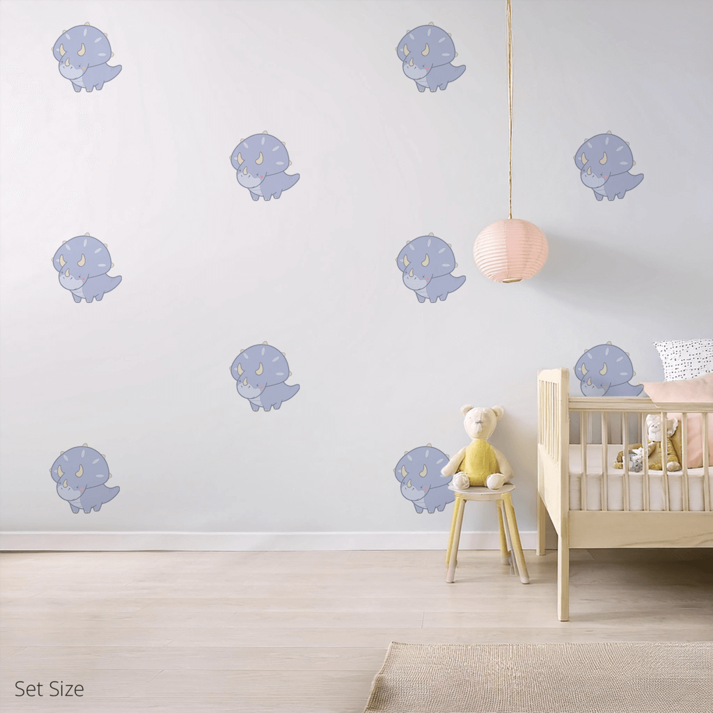 Tracy the Triceratops wall sticker applied on a child’s bedroom wall – set size, showing placement in kids’ room